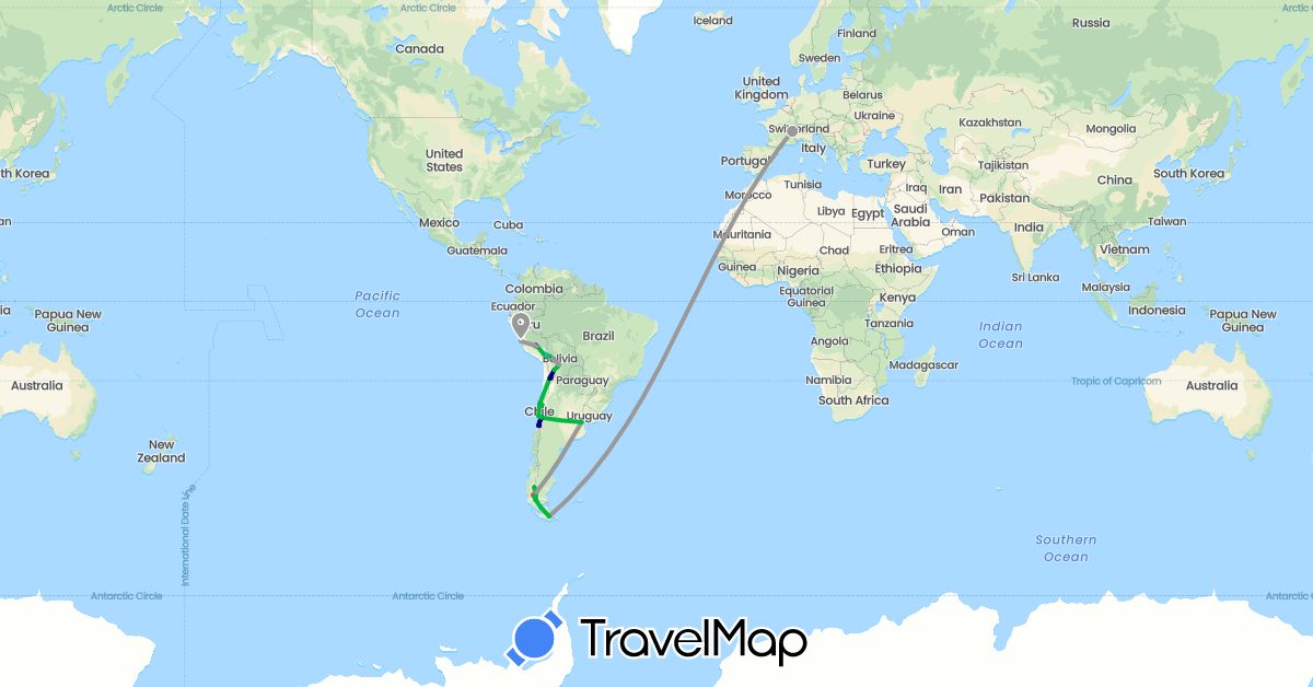 TravelMap itinerary: driving, bus, plane, cycling, train, hiking, boat in Argentina, Bolivia, Switzerland, Chile, Peru (Europe, South America)